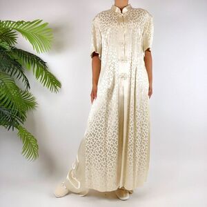 Vintage 90s Cream Satin Oriental Pants & Full Length Jacket Set / Size: 12